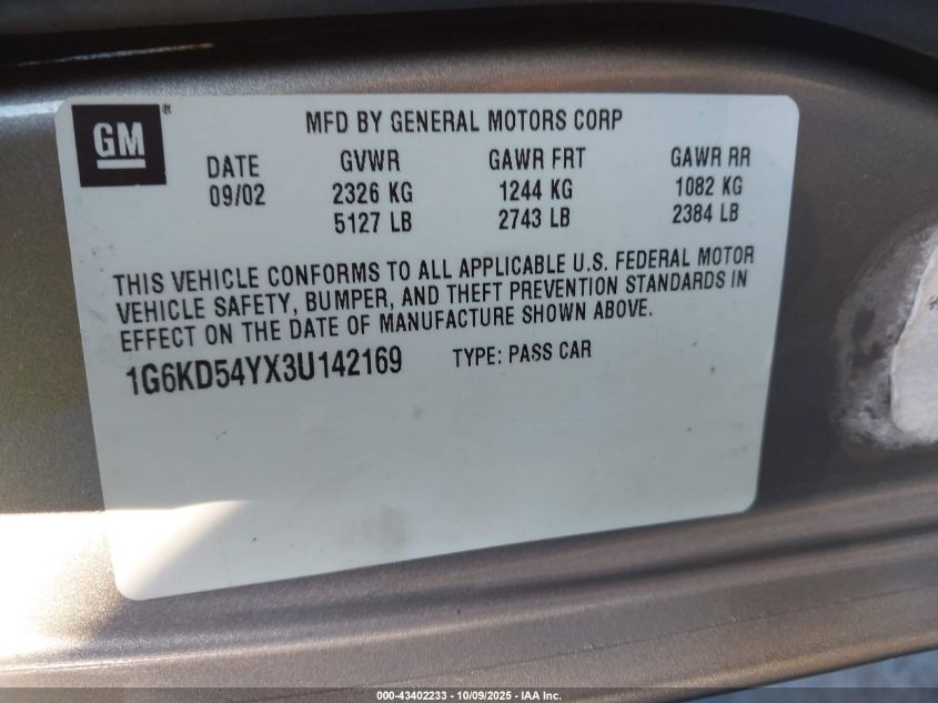 2003 Cadillac Deville Standard VIN: 1G6KD54YX3U142169 Lot: 43402233