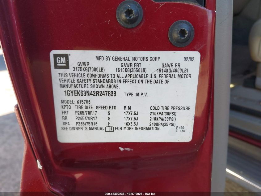 2002 Cadillac Escalade Standard VIN: 1GYEK63N42R247833 Lot: 43402236