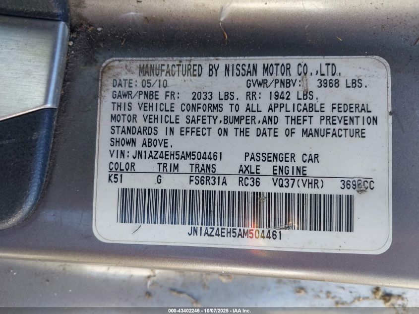 2010 Nissan 370Z Nismo VIN: JN1AZ4EH5AM504461 Lot: 43402246