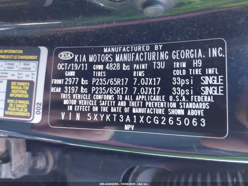 2012 Kia Sorento Lx VIN: 5XYKT3A1XCG265063 Lot: 43402255