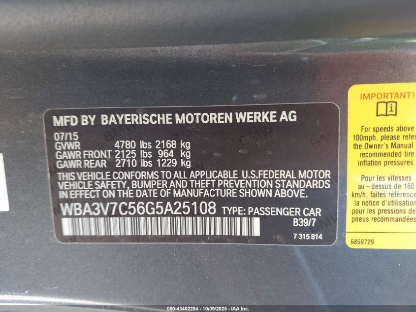 2016 BMW 428I VIN: WBA3V7C56G5A25108 Lot: 43402284