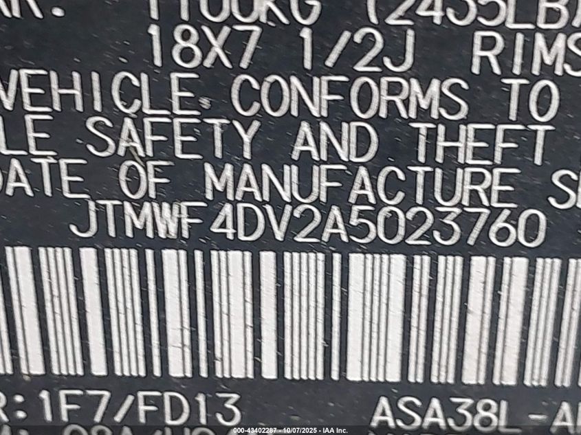 2010 Toyota Rav4 Sport VIN: JTMWF4DV2A5023760 Lot: 43402287