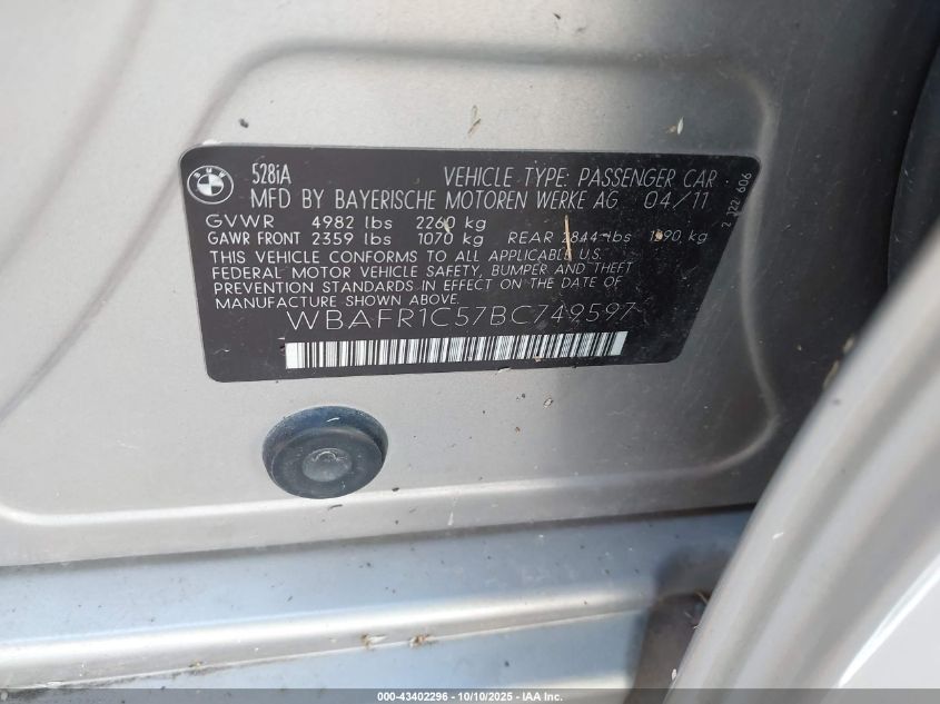 2011 BMW 528I VIN: WBAFR1C57BC749597 Lot: 43402296