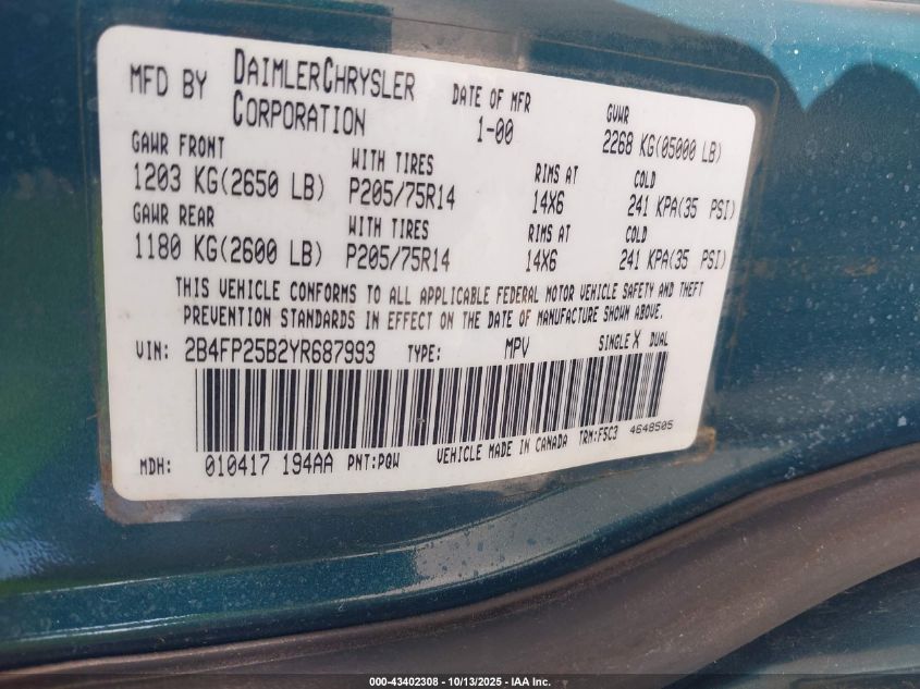 2000 Dodge Caravan VIN: 2B4FP25B2YR687993 Lot: 43402308