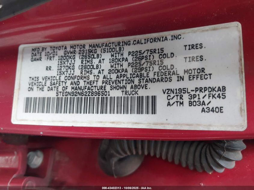 2002 Toyota Tacoma Prerunner V6 VIN: 5TEGN92N62Z896501 Lot: 43402313