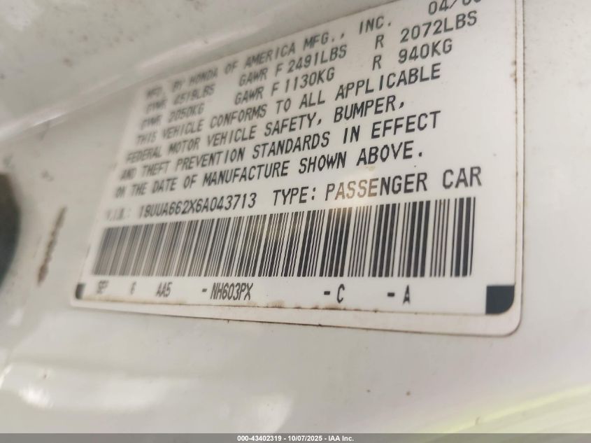 2006 Acura Tl VIN: 19UUA662X6A043713 Lot: 43402319