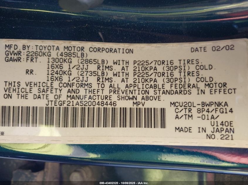 2002 Toyota Highlander V6 VIN: JTEGF21A520048446 Lot: 43402320