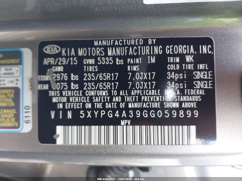 2016 Kia Sorento 2.4L Lx VIN: 5XYPG4A39GG059899 Lot: 43402327