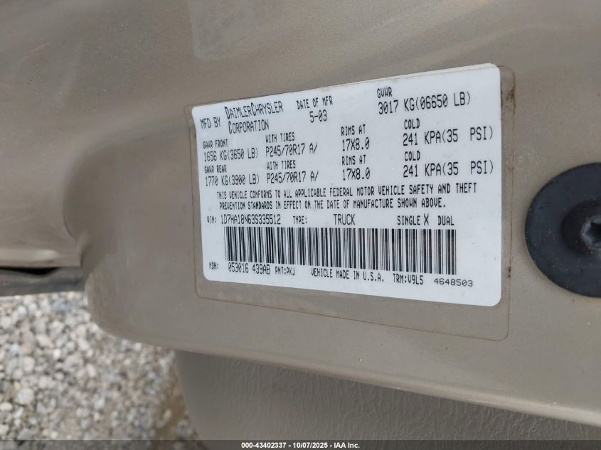 2003 Dodge Ram 1500 Slt/Laramie/St VIN: 1D7HA18N63S335512 Lot: 43402337