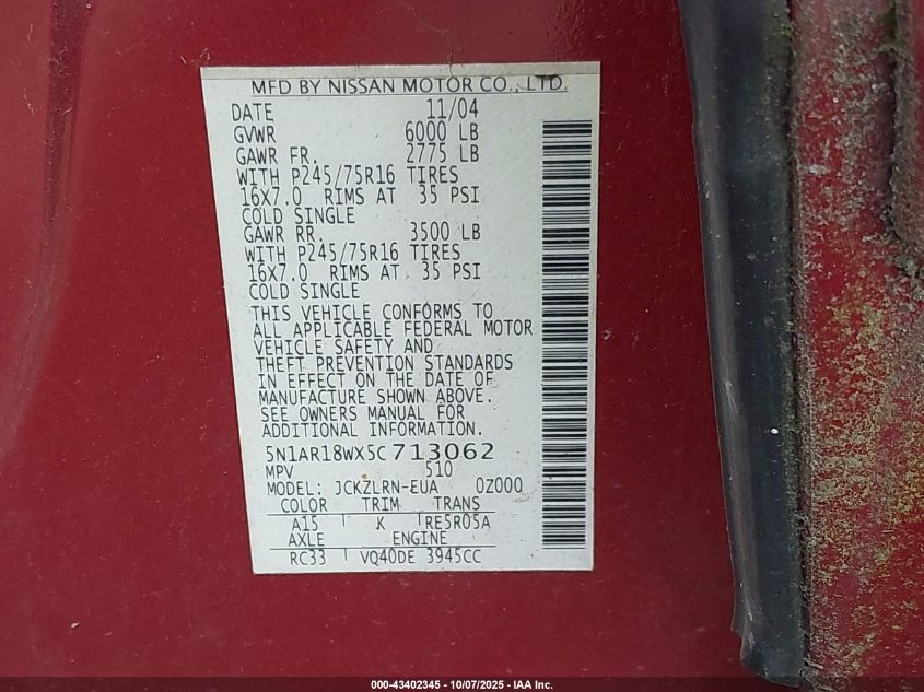 2005 Nissan Pathfinder Xe VIN: 5N1AR18WX5C713062 Lot: 43402345