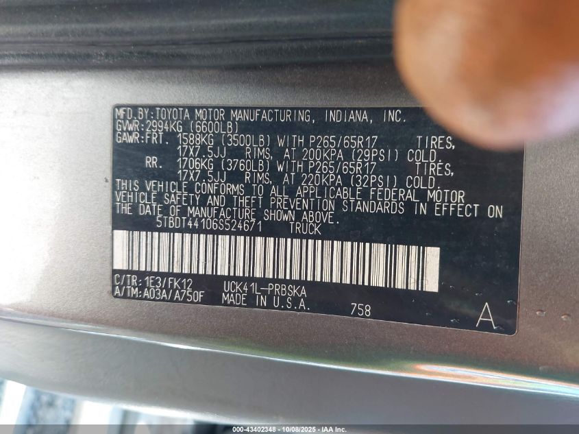 2006 Toyota Tundra Sr5 V8 VIN: 5TBDT44106S524671 Lot: 43402348