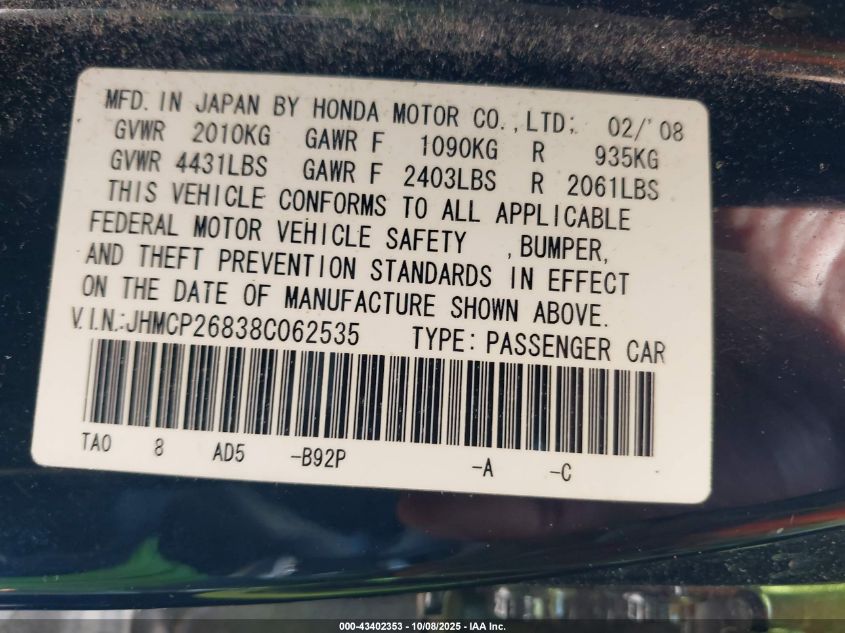 2008 Honda Accord 2.4 Ex-L VIN: JHMCP26838C062535 Lot: 43402353