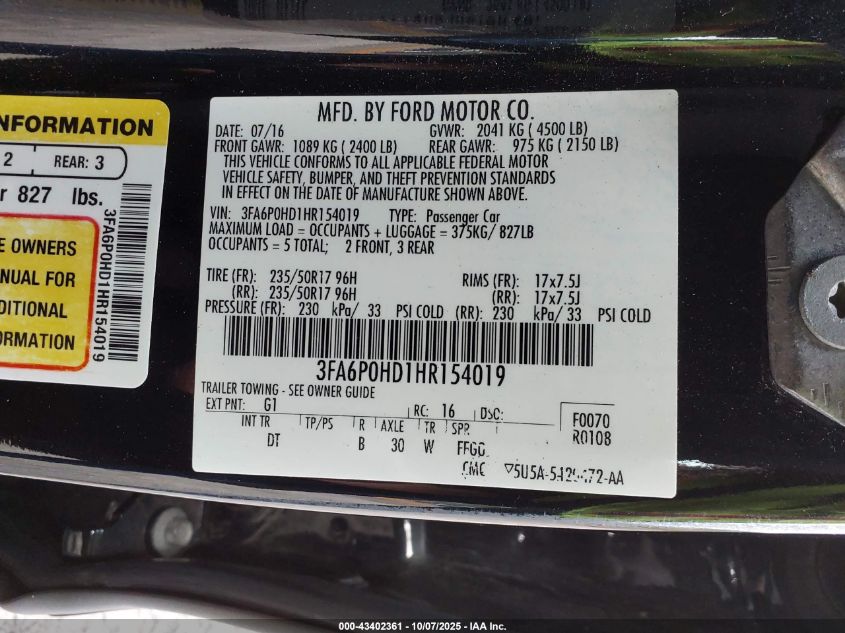 2017 Ford Fusion Se VIN: 3FA6P0HD1HR154019 Lot: 43402361