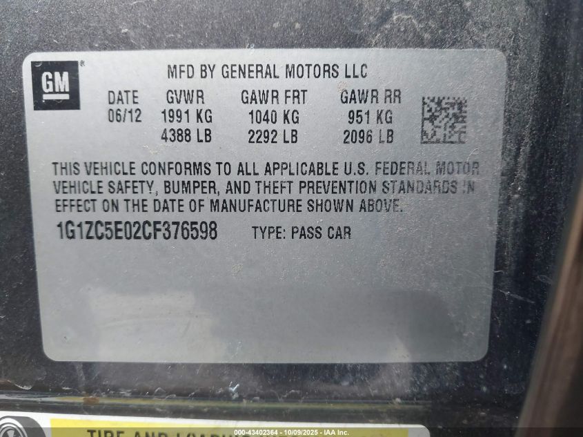 2012 Chevrolet Malibu 1Lt VIN: 1G1ZC5E02CF376598 Lot: 43402364
