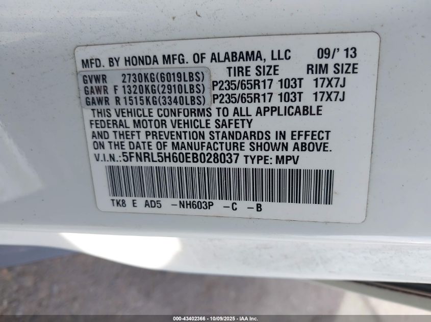 2014 Honda Odyssey Ex-L VIN: 5FNRL5H60EB028037 Lot: 43402366