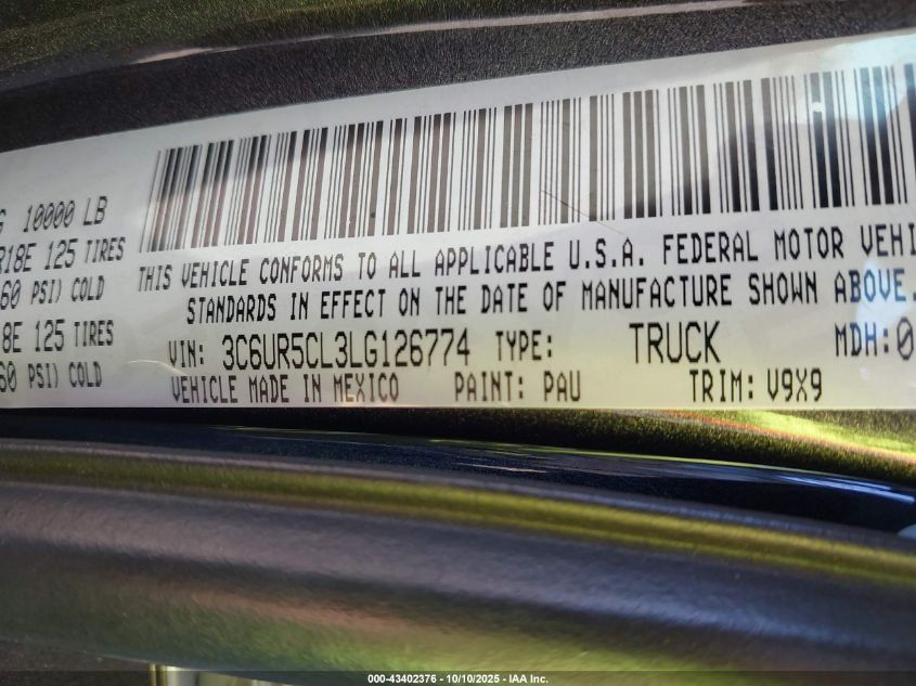 2020 Ram 2500 Tradesman 4X4 6'4 Box VIN: 3C6UR5CL3LG126774 Lot: 43402376