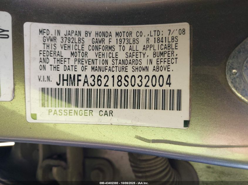 2008 Honda Civic Hybrid VIN: JHMFA36218S032004 Lot: 43402380