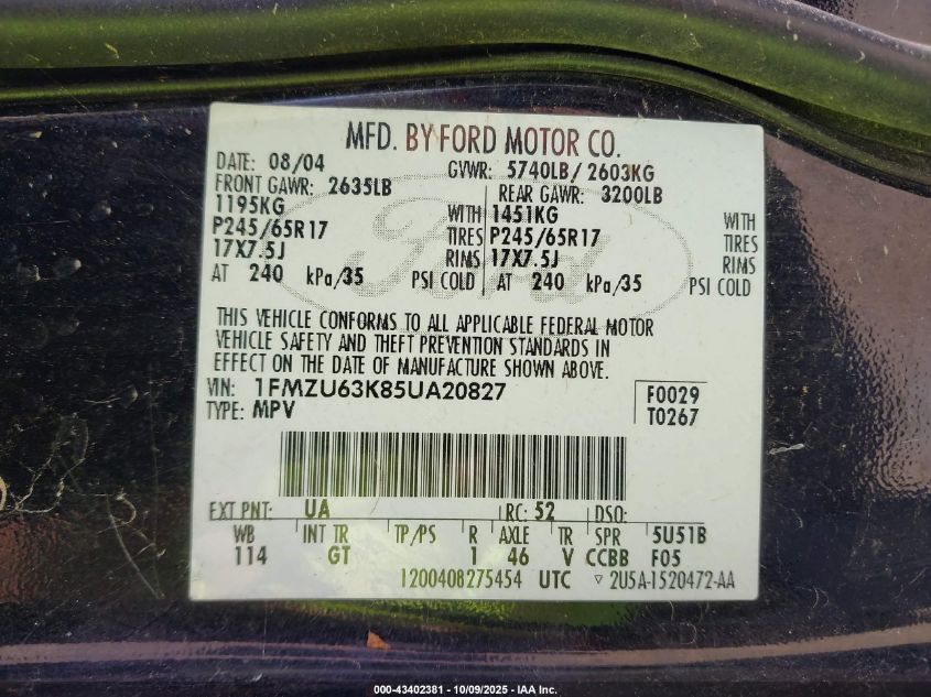 2005 Ford Explorer Xlt/Xlt Sport VIN: 1FMZU63K85UA20827 Lot: 43402381