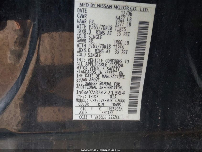 2007 Nissan Titan Le VIN: 1N6BA07A37N221364 Lot: 43402382
