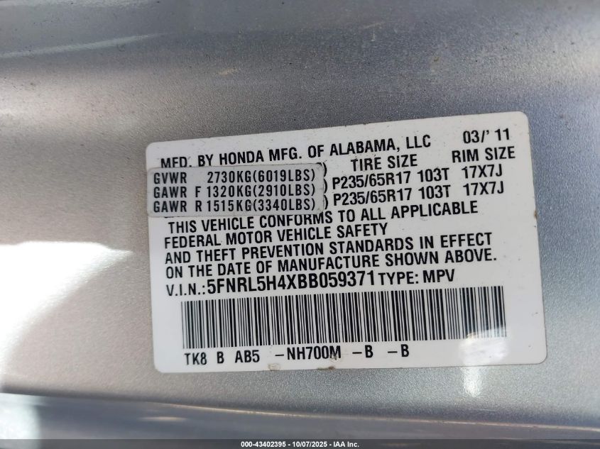 2011 Honda Odyssey Ex VIN: 5FNRL5H4XBB059371 Lot: 43402395