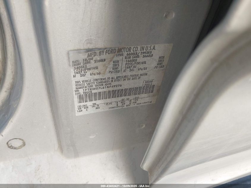 2001 Ford F-150 Harley-Davidson Edition/King Ranch Edition/Lariat/Xlt VIN: 1FTRW07L61KF49276 Lot: 43402421