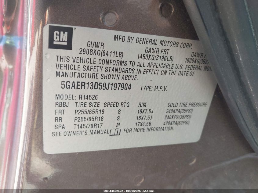 2009 Buick Enclave Cx VIN: 5GAER13D59J197904 Lot: 43402422