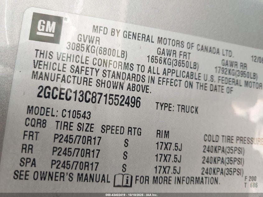 2007 Chevrolet Silverado 1500 Lt1 VIN: 2GCEC13C871552496 Lot: 43402419