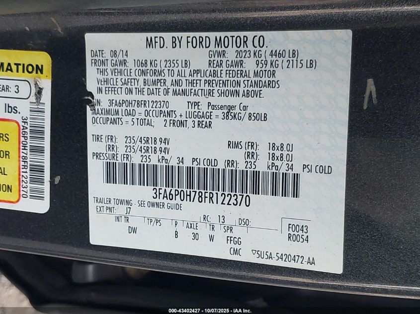 2015 Ford Fusion Se VIN: 3FA6P0H78FR122370 Lot: 43402427