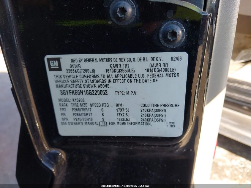 2006 Cadillac Escalade Esv Standard VIN: 3GYFK66N16G220062 Lot: 43402433