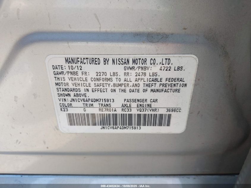 2013 Infiniti G37 Journey VIN: JN1CV6AP4DM715913 Lot: 43402434