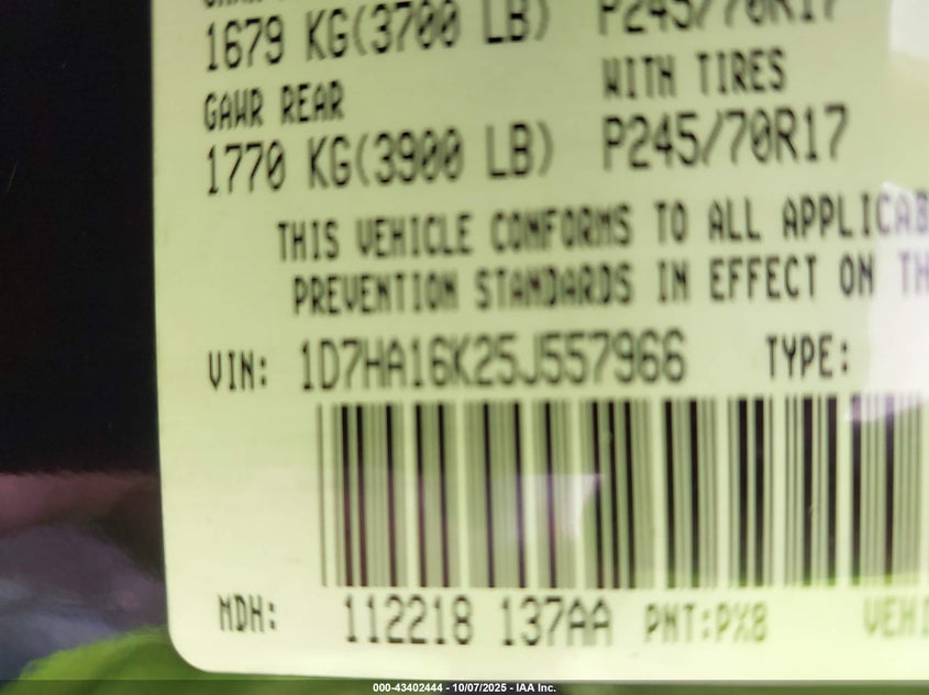 2005 Dodge Ram 1500 St VIN: 1D7HA16K25J557966 Lot: 43402444