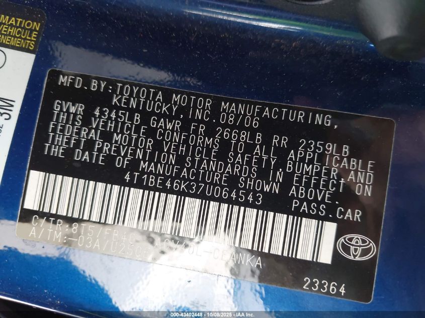 2007 Toyota Camry Le VIN: 4T1BE46K37U064543 Lot: 43402448