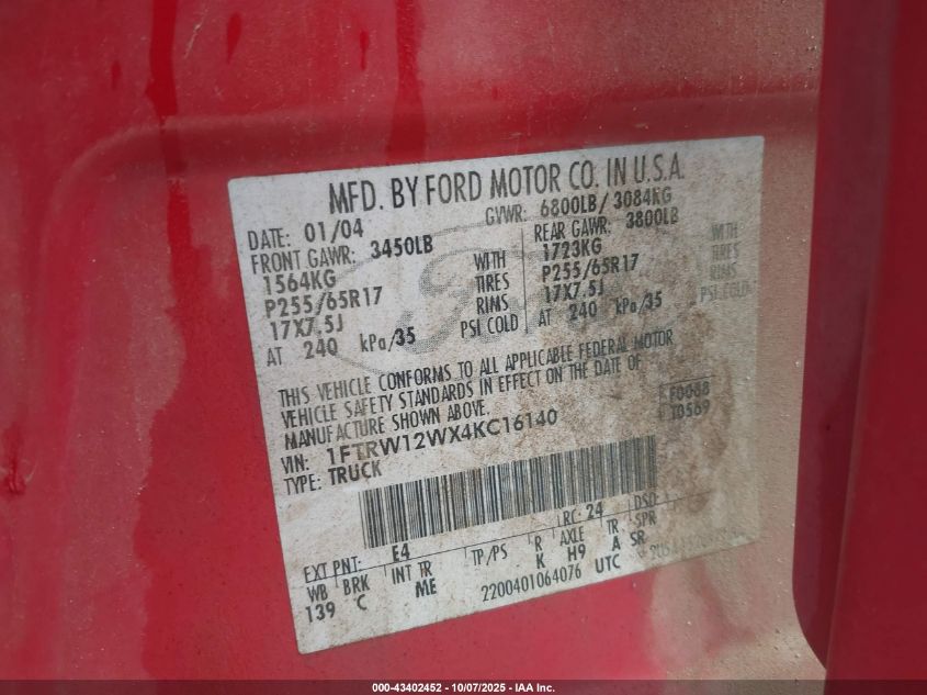 2004 Ford F-150 Xlt VIN: 1FTRW12WX4KC16140 Lot: 43402452