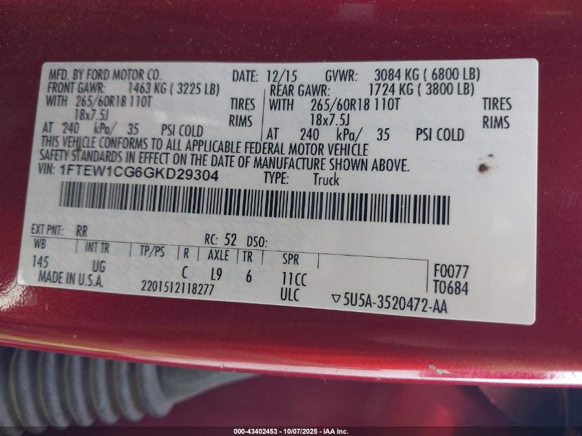 2016 Ford F-150 Xlt VIN: 1FTEW1CG6GKD29304 Lot: 43402453