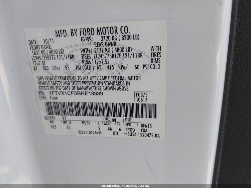 2011 Ford F-150 Xl VIN: 1FTVX1CF5BKE18889 Lot: 43402456