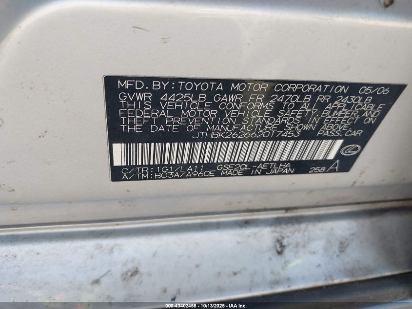 2006 Lexus Is 250 VIN: JTHBK262662017453 Lot: 43402458