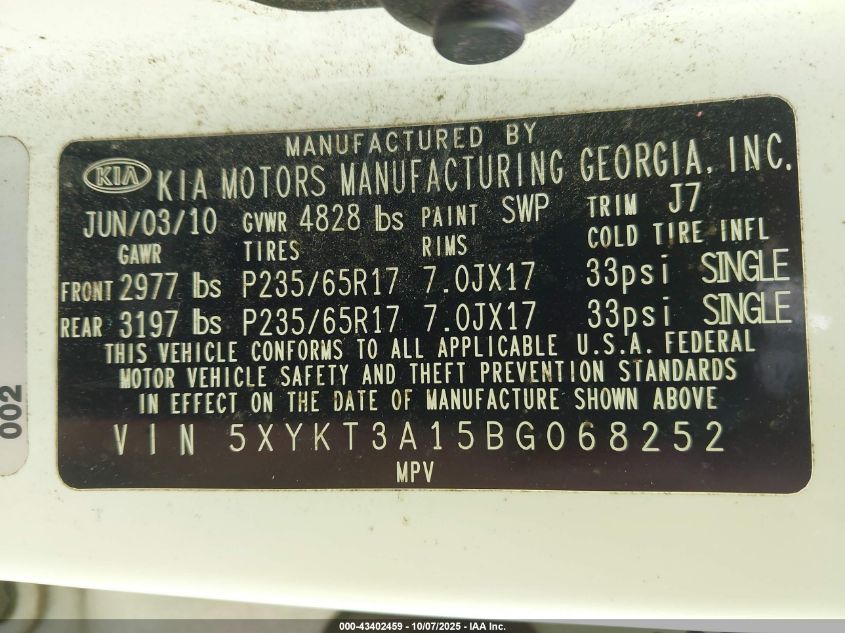 2011 Kia Sorento Lx VIN: 5XYKT3A15BG068252 Lot: 43402459