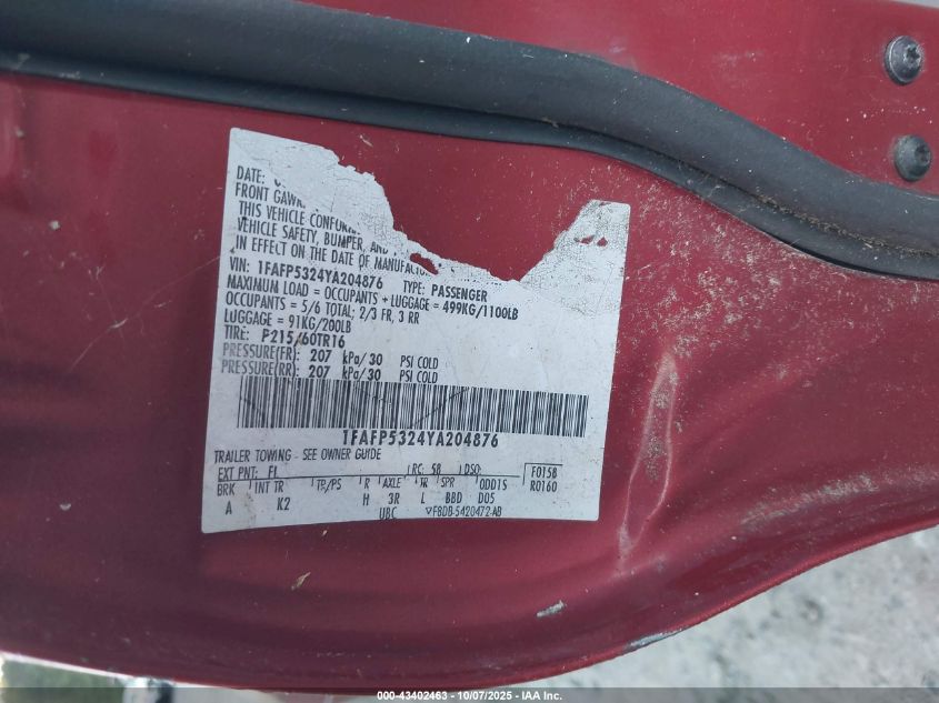 2000 Ford Taurus Se VIN: 1FAFP5324YA204876 Lot: 43402463