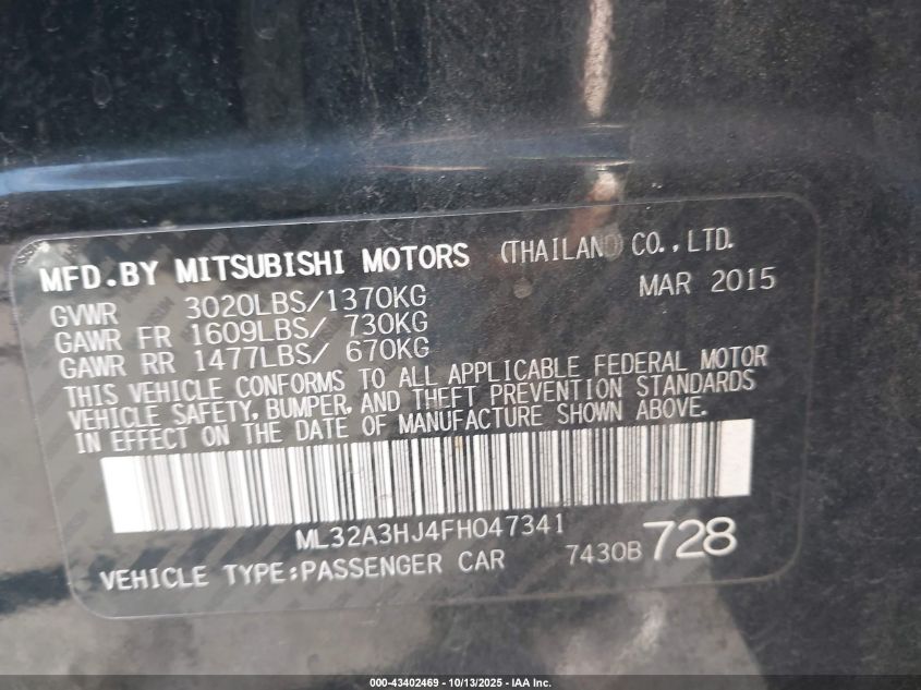 2015 Mitsubishi Mirage De/Rf VIN: ML32A3HJ4FH047341 Lot: 43402469