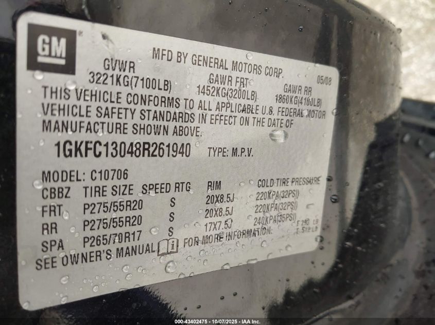 2008 GMC Yukon Slt VIN: 1GKFC13048R261940 Lot: 43402475