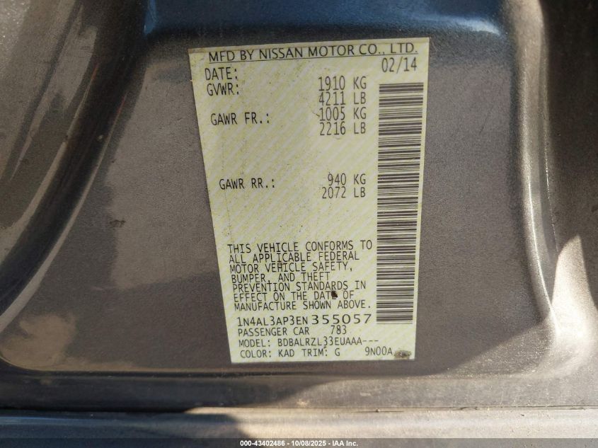 2014 Nissan Altima 2.5 S VIN: 1N4AL3AP3EN355057 Lot: 43402486