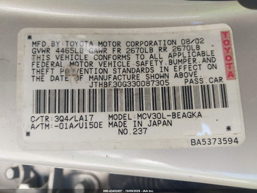 2003 Lexus Es 300 VIN: JTHBF30G330087305 Lot: 43402497