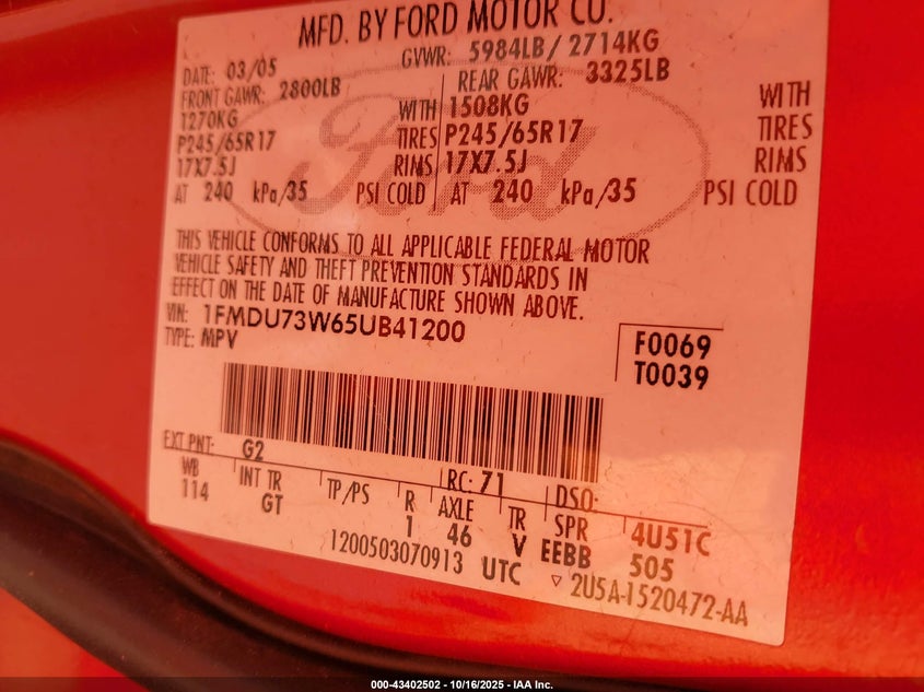 1FMDU73W65UB41200 2005 FORD EXPLORER photo no. 9
