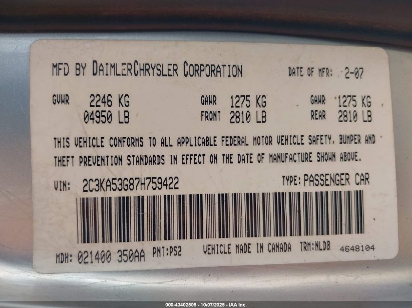 2007 Chrysler 300 Touring VIN: 2C3KA53G87H759422 Lot: 43402505