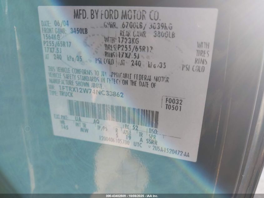 2004 Ford F-150 Stx/Xl/Xlt VIN: 1FTRX12W74NC33862 Lot: 43402509