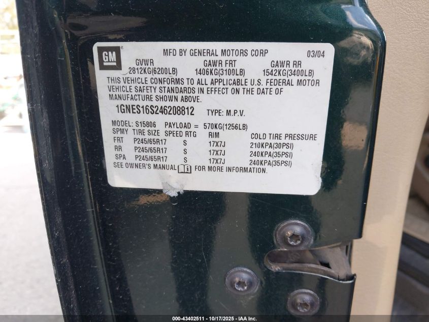 2004 Chevrolet Trailblazer Ext Ls VIN: 1GNES16S246208812 Lot: 43402511