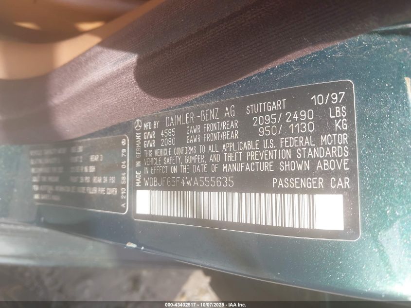 1998 Mercedes-Benz E 320 VIN: WDBJF65F4WA555635 Lot: 43402517