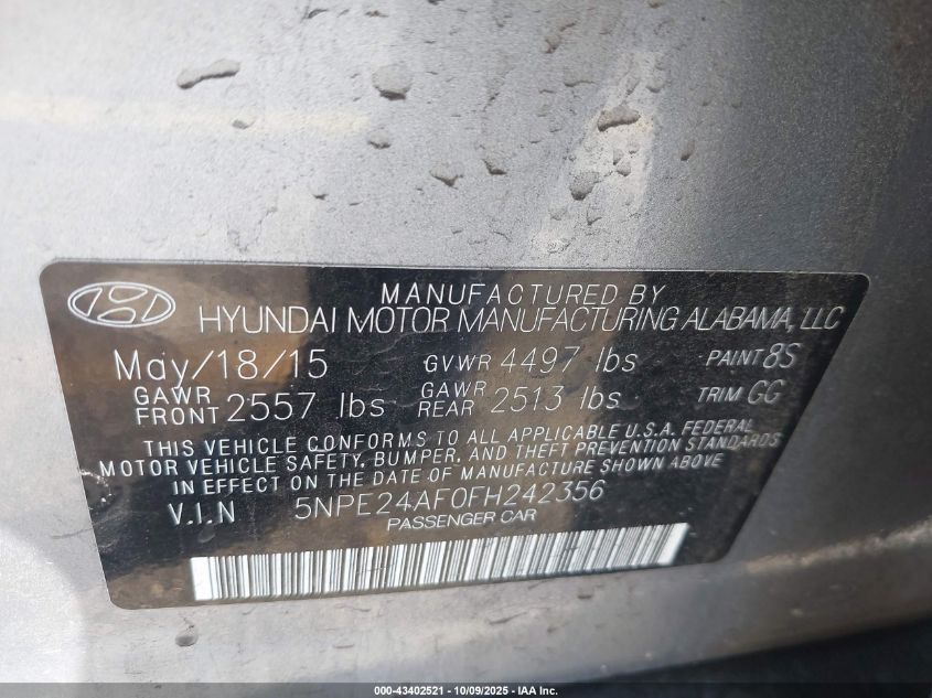 2015 Hyundai Sonata Se VIN: 5NPE24AF0FH242356 Lot: 43402521