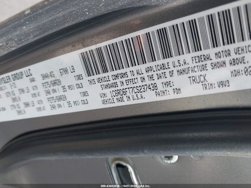 2012 Ram 1500 St VIN: 1C6RD6FT7CS237438 Lot: 43402526