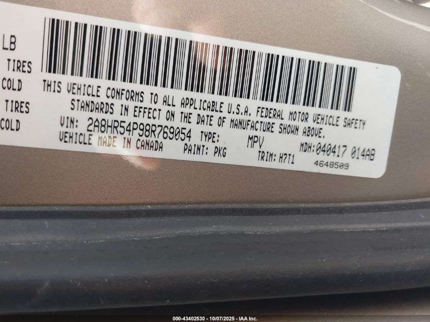 2008 Chrysler Town & Country Touring VIN: 2A8HR54P98R769054 Lot: 43402530